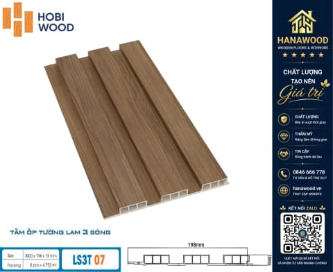 Tấm Ốp Lam 3 Sóng Thấp Nhựa Giả Gỗ Hobiwood LS3T-07 cách âm cách nhiệt tốt an toàn người dùng