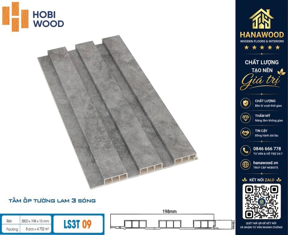 Tấm Ốp Lam Sóng Nhựa Giả Vân Bê Tông Hobiwood LS3T-09 tone xám xi măng độc đáo tinh tế