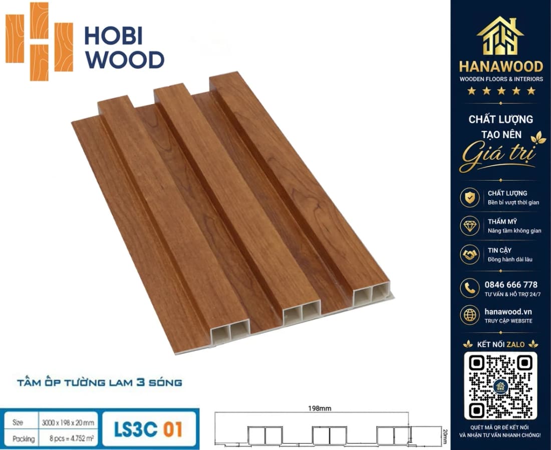 Tấm Nhựa Ốp Tường Lam 3 Sóng Cao Hobiwood LS3C-01 chống ẩm mốc không cong vênh chịu lực tốt