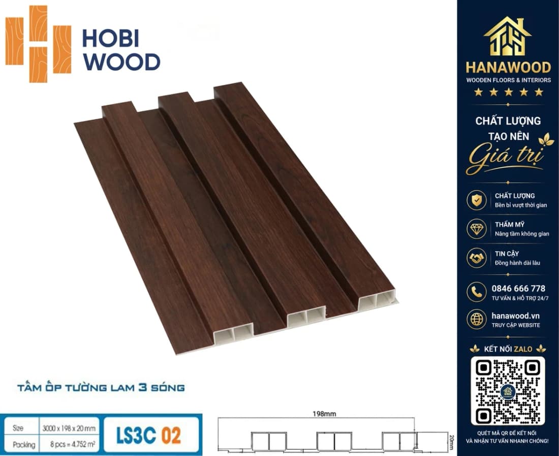 Tấm Nhựa Ốp Tường Lam 3 Sóng Cao Hobiwood LS3C-02 bề mặt phủ vân gỗ chống bám bụi bẩn