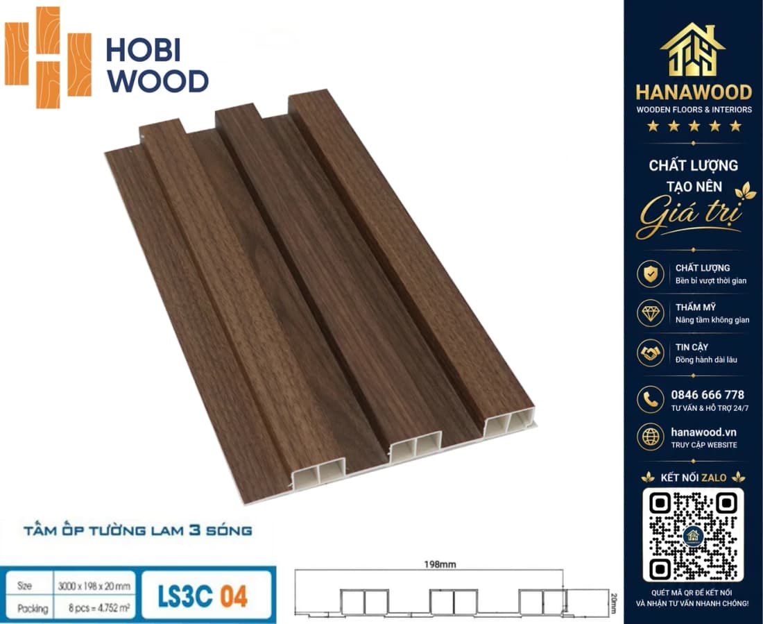 Lam Sóng Cao Nhựa Giả Vân Gỗ Ốp Tường Hobiwood LS3C-04 phôi nhựa PVC cứng cáp độ bền cao