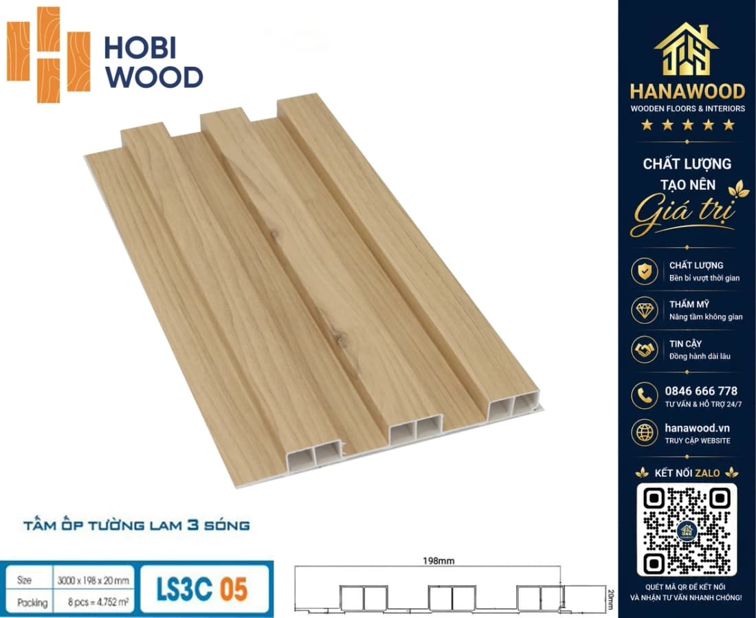 Tấm Nhựa Ốp Tường Lam 3 Sóng Cao Hobiwood LS3C-05 hèm khóa thông minh thi công nhanh chóng