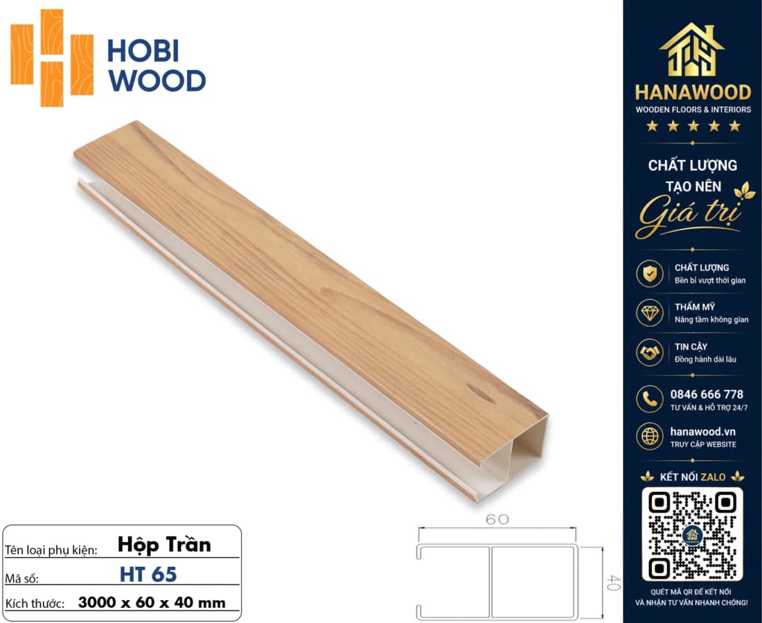 Thanh Trần Nan Nhựa Giả Gỗ Hobi Wood HT65 Kích Thước 40x60mm bề mặt phủ film vân gỗ tự nhiên