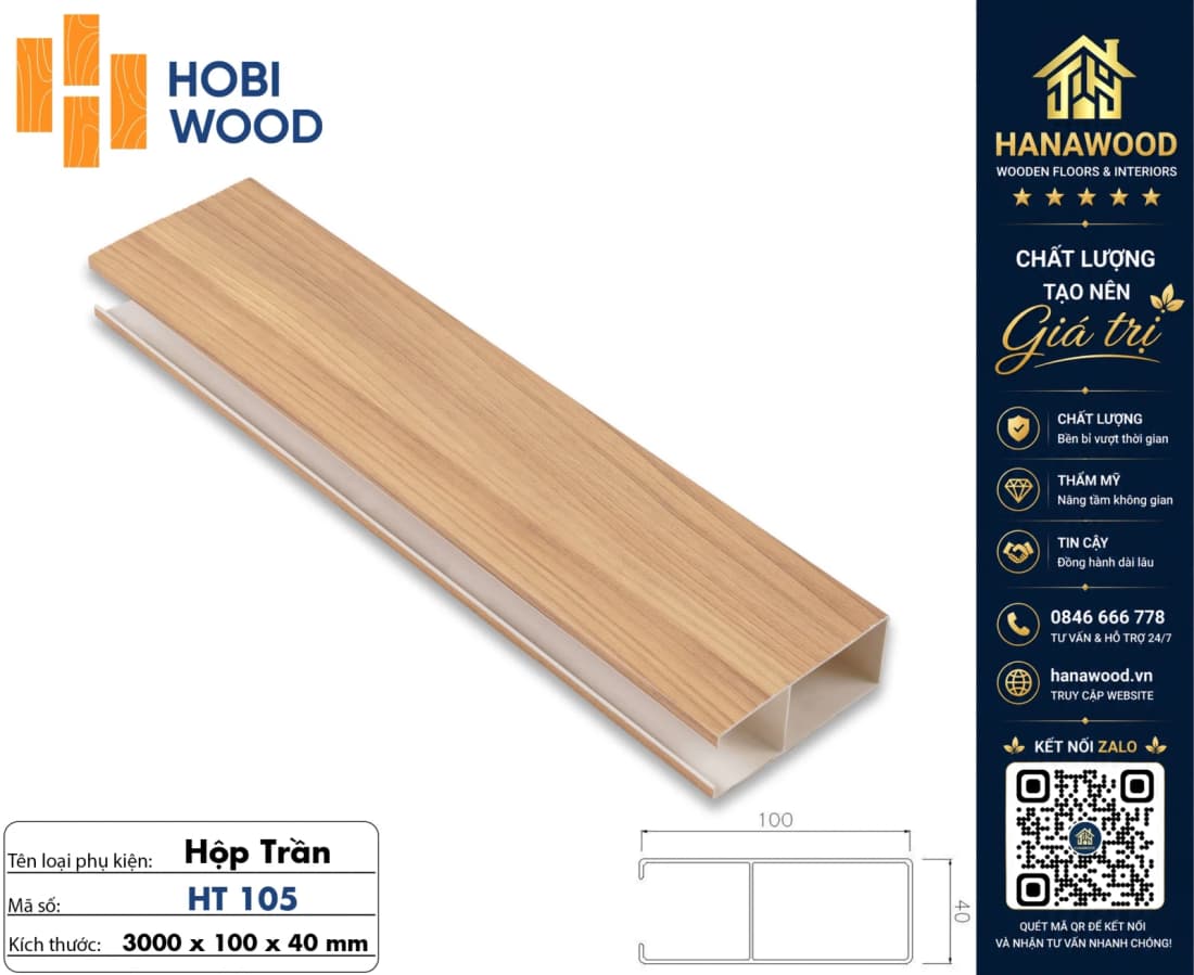 Thanh Trần Nan Nhựa Giả Gỗ Hobi Wood HT105 Kích Thước 40x100mm chất liệu PVC cao cấp chống cháy lan