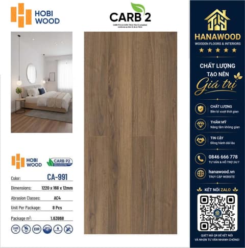 Sàn Gỗ Công Nghiệp Hobi Carb CA-991 Dày 12mm chống ẩm mốc chịu lực tốt không cong vênh