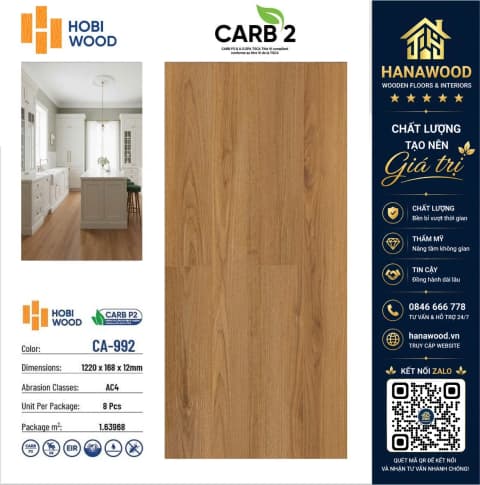 Sàn Gỗ Công Nghiệp Hobi Carb CA-992 Dày 12mm bề mặt vân gỗ tự nhiên chống mối mọt