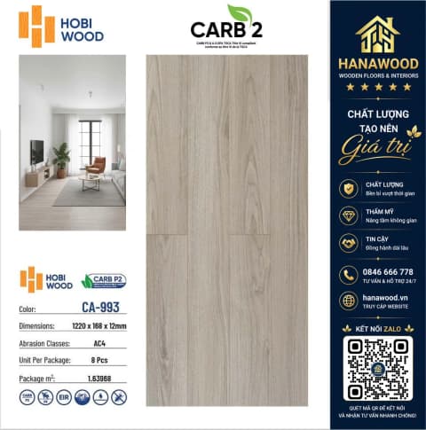 Sàn Gỗ Công Nghiệp Hobi Carb CA-993 Dày 12mm chống nước tuyệt đối hèm khóa liên kết khít