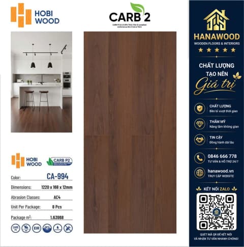 Sàn Gỗ Công Nghiệp Hobi Carb CA-994 Dày 12mm cốt gỗ HDF siêu bền không bám bụi bẩn