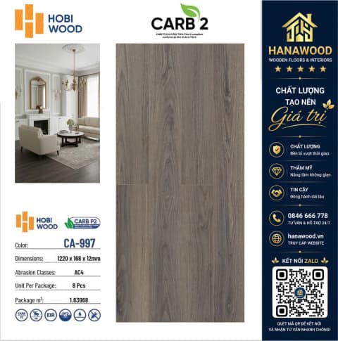 Sàn Gỗ Công Nghiệp Hobi Carb CA-997 Dày 12mm khả năng chịu lực va đập nâng tầm không gian