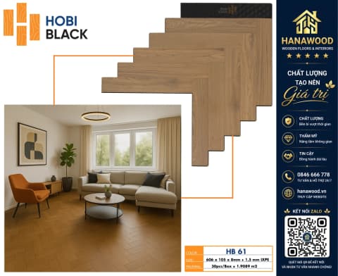 Sàn Gỗ Công Nghiệp Xương Cá Hobi Black HB61 Dày 8mm bề mặt vân gỗ tự nhiên chống mối mọt