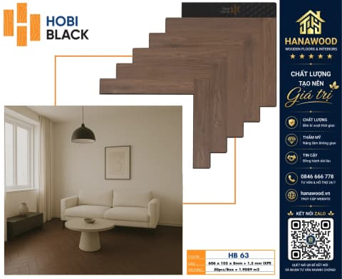 Sàn Gỗ Công Nghiệp Xương Cá Hobi Black HB63 Dày 8mm cốt gỗ HDF siêu bền không bám bụi bẩn