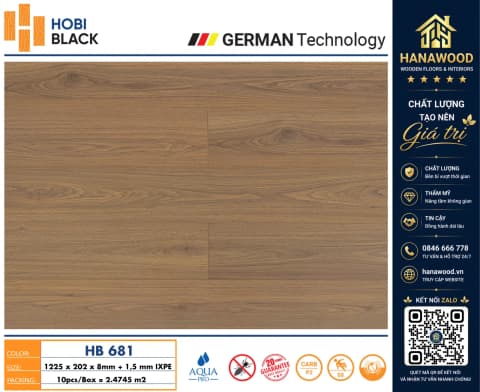 Sàn Gỗ Công Nghiệp Hobi Black HB681 Dày 8mm bề mặt vân gỗ tự nhiên chống mối mọt