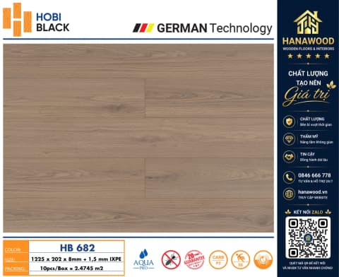 Sàn Gỗ Cốt Đen Kháng Ẩm Hobi Black HB682 Dày 8mm chống nước tuyệt đối hèm khóa liên kết khít