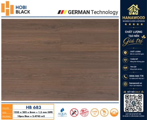 Sàn Gỗ Công Nghiệp Hobi Black HB683 Dày 8mm cốt gỗ HDF siêu bền không bám bụi bẩn