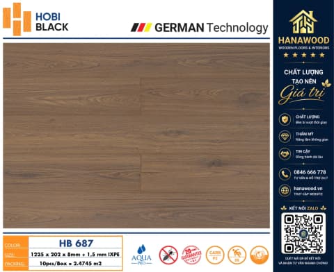 Sàn Gỗ Công Nghiệp Hobi Black HB687 Dày 8mm tính năng chống trầy xước an toàn sức khỏe