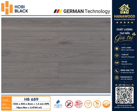 Sàn Gỗ Công Nghiệp Hobi Black HB689 Dày 8mm độ bền lâu dài chống trơn trượt hiệu quả