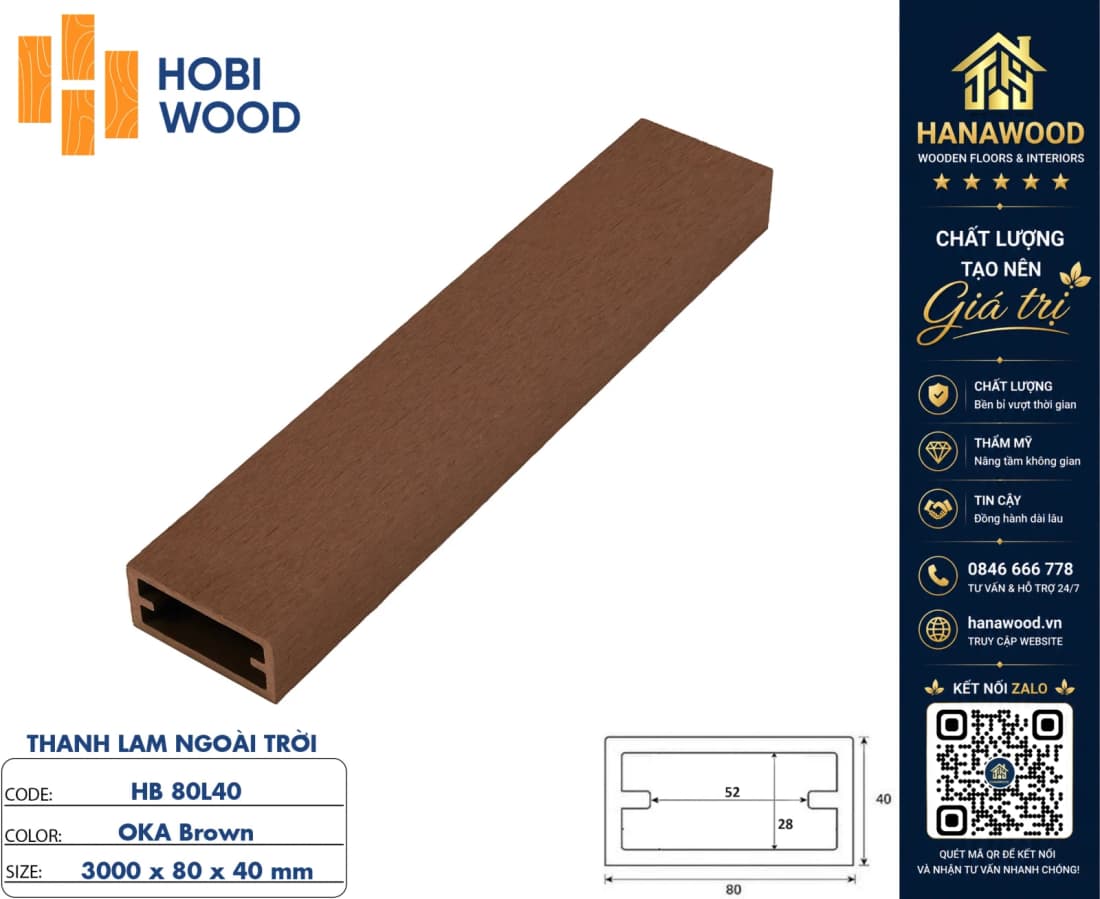 Lam Hộp Che Nắng Gỗ Nhựa Ngoài Trời Hobiwood HB80L40 Màu Oka Brown chịu mưa nắng chống rêu mốc