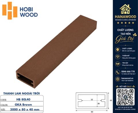 Lam Hộp Che Nắng Gỗ Nhựa Ngoài Trời Hobiwood HB80L40 Màu Oka Brown chịu mưa nắng chống rêu mốc