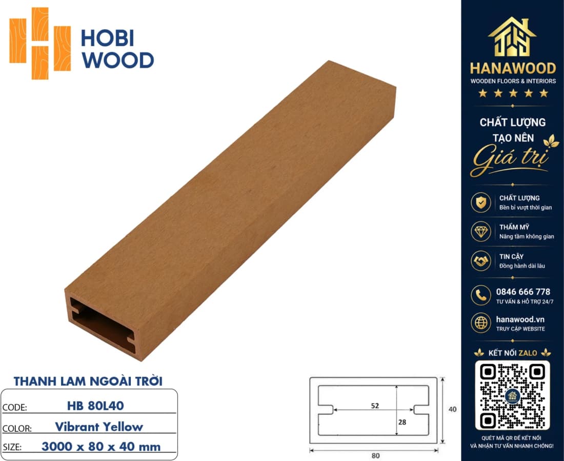 Lam Che Nắng Gỗ Nhựa Ngoài Trời Hobiwood HB80L40 Màu Vibrant Yellow chống tia UV độ bền cao