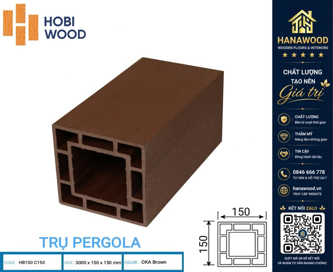 Lam Trụ Pergola Giàn Hoa Ngoài Trời Hobi Wood HB150C150 Màu Oka Brown phôi gỗ nhựa cao cấp