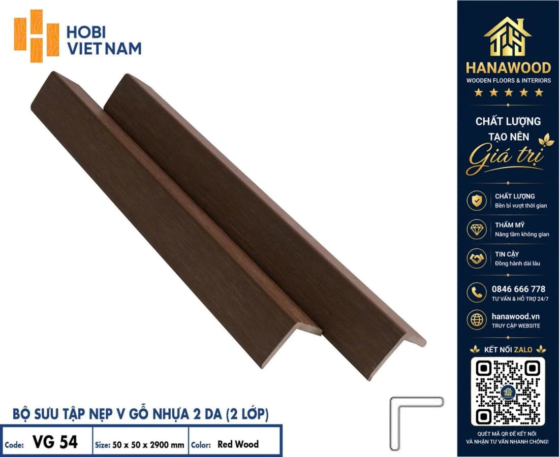 Nẹp V Gỗ Nhựa 2 Lớp Ngoài Trời Hobiwood VG54 Red Wood chống chịu thời tiết không cong vênh