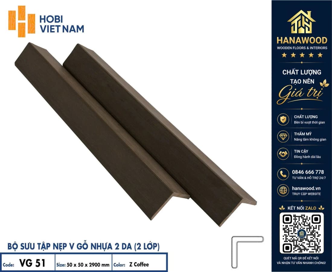 Nẹp Góc V Gỗ Nhựa Ngoài Trời 2 Da Hobiwood VG51 ZCoffee bảo vệ góc sàn bo viền thẩm mỹ