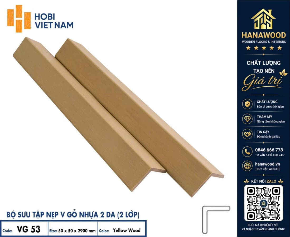 Nẹp Chữ V Gỗ Nhựa Ngoài Trời 2 Da Hobiwood VG53 Yellow Wood chịu va đập bảo vệ góc cạnh