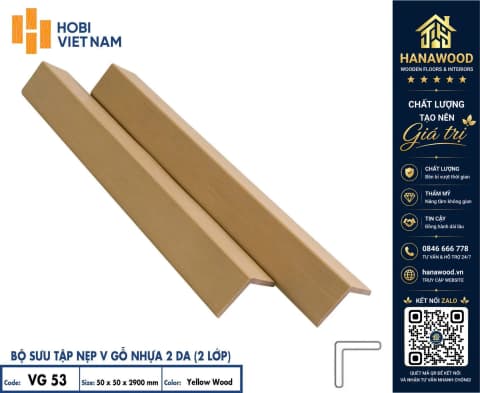 Nẹp Chữ V Gỗ Nhựa Ngoài Trời 2 Da Hobiwood VG53 Yellow Wood chịu va đập bảo vệ góc cạnh