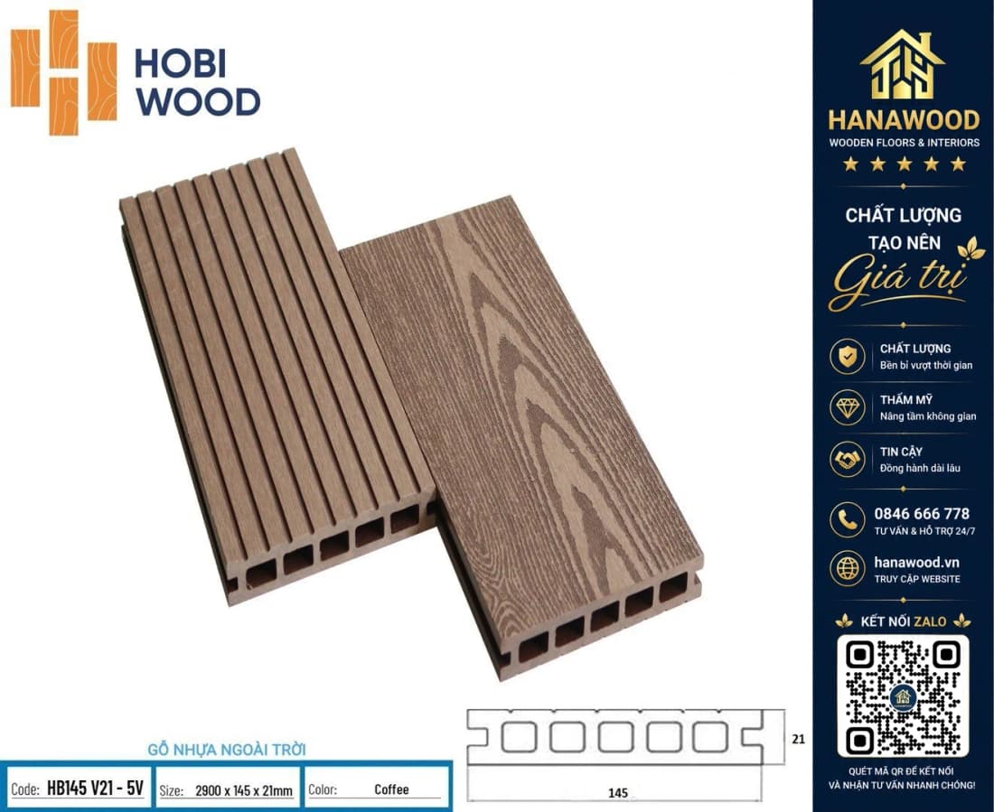 Sàn Gỗ Nhựa Ngoài Trời 5 Lỗ Vuông Hobiwood HB145V21-5V Màu Coffee cốt composite nguyên sinh siêu bền