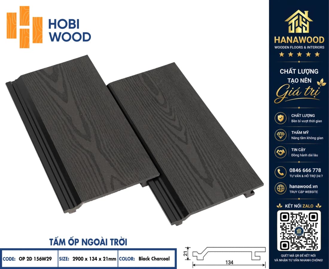 Tấm Ốp Gỗ Nhựa Ngoài Trời Hobiwood OP2D 156W29 Black Charcoal chống mưa nắng chịu lực va đập