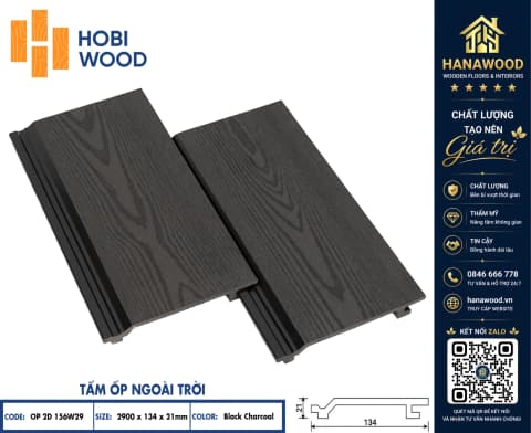 Tấm Ốp Gỗ Nhựa Ngoài Trời Hobiwood OP2D 156W29 Black Charcoal chống mưa nắng chịu lực va đập