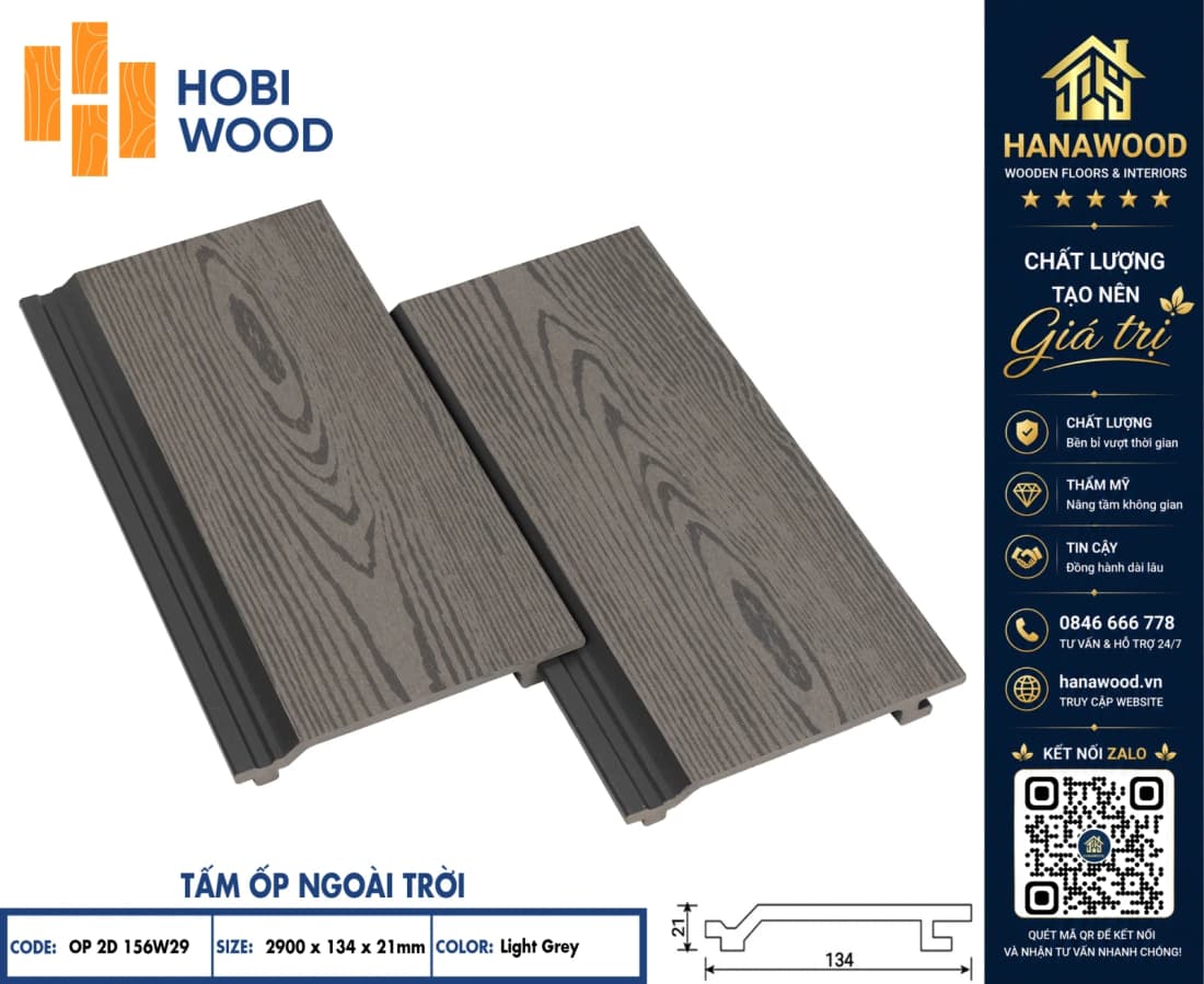 Ốp Ban Công Gỗ Nhựa Ngoài Trời Hobiwood OP2D 156W29 Light Grey bề mặt phẳng hiện đại chống rêu mốc