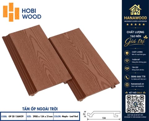 Ốp Tường Gỗ Nhựa Ngoài Trời Hobiwood OP2D 156W29 Maple Leaf Red tone màu tươi sáng chịu nhiệt tốt
