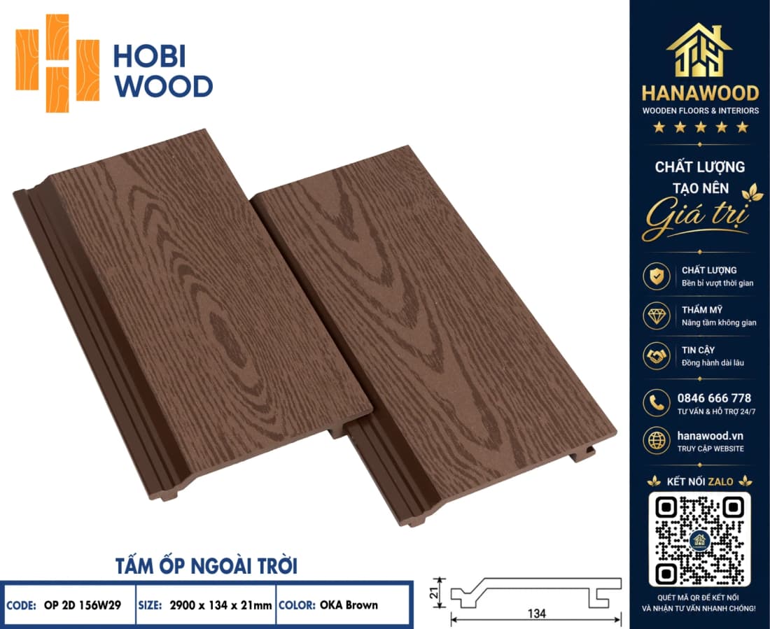 Tấm Ốp Tường Trần Ngoài Trời Hobiwood OP2D 156W29 Oka Brown vân gỗ tự nhiên chống cong vênh nứt nẻ