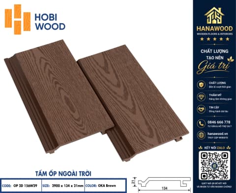 Tấm Ốp Tường Trần Ngoài Trời Hobiwood OP2D 156W29 Oka Brown vân gỗ tự nhiên chống cong vênh nứt nẻ