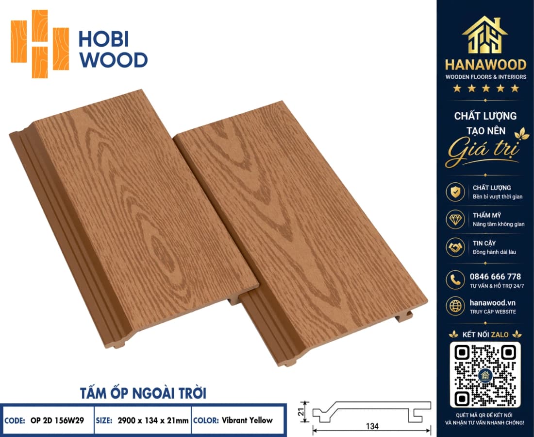 Ốp Mái Hiên Gỗ Nhựa Ngoài Trời Hobiwood OP2D 156W29 Vibrant Yellow phôi composite chống thấm nước