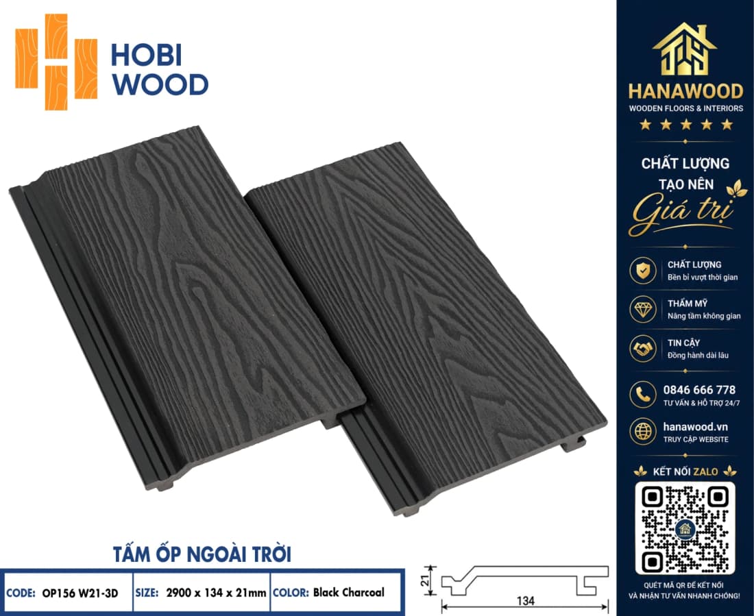 Tấm Ốp Gỗ Nhựa Ngoài Trời Hobi Wood OP156W21 Black Charcoal bề mặt vân 3D nổi bật chịu thời tiết