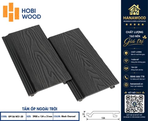 Tấm Ốp Gỗ Nhựa Ngoài Trời Hobi Wood OP156W21 Black Charcoal bề mặt vân 3D nổi bật chịu thời tiết