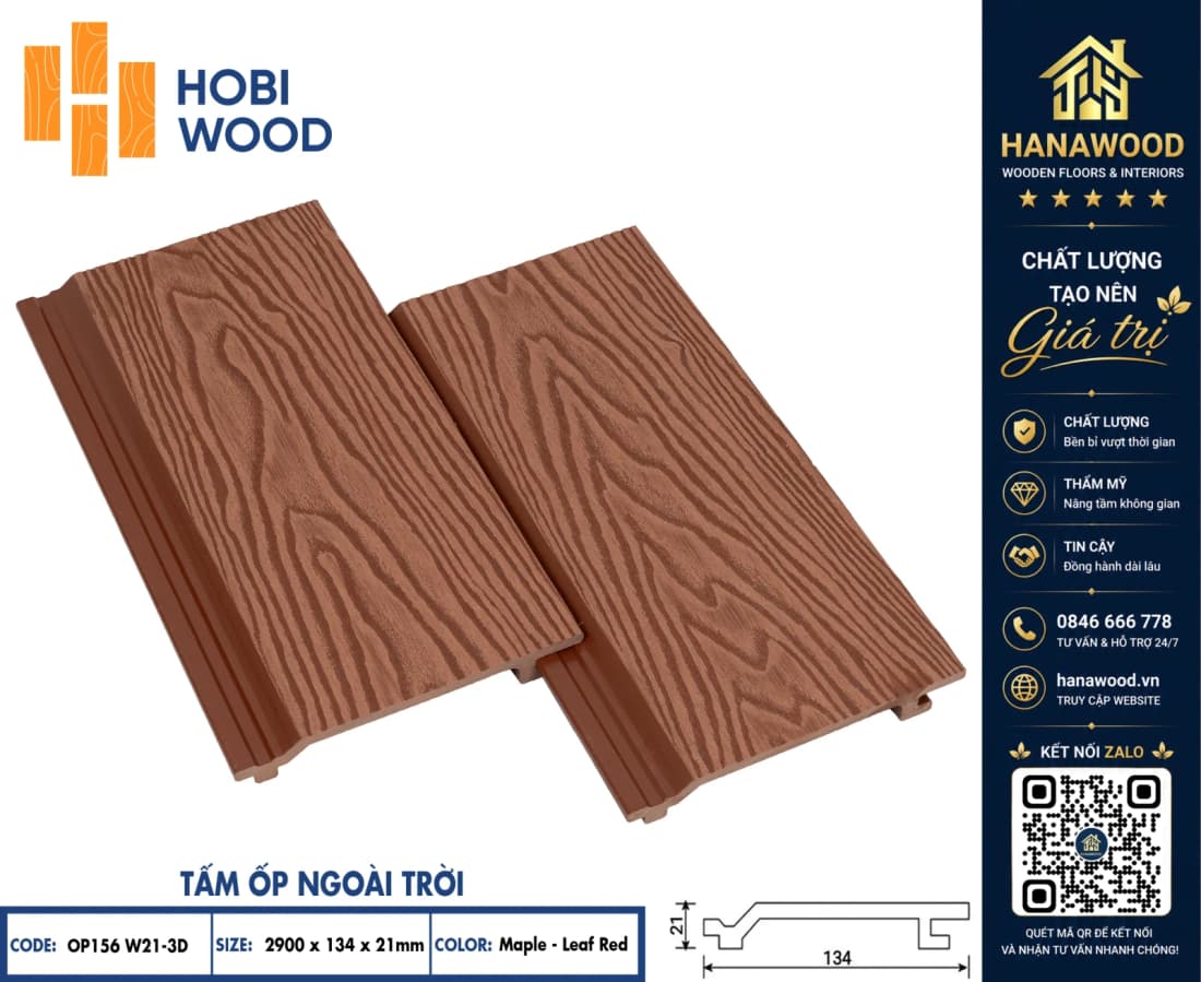 Tấm Ốp Gỗ Nhựa Ngoài Trời Hobi Wood OP156W21 Maple Leaf Red chống mối mọt mục nát ngoài trời