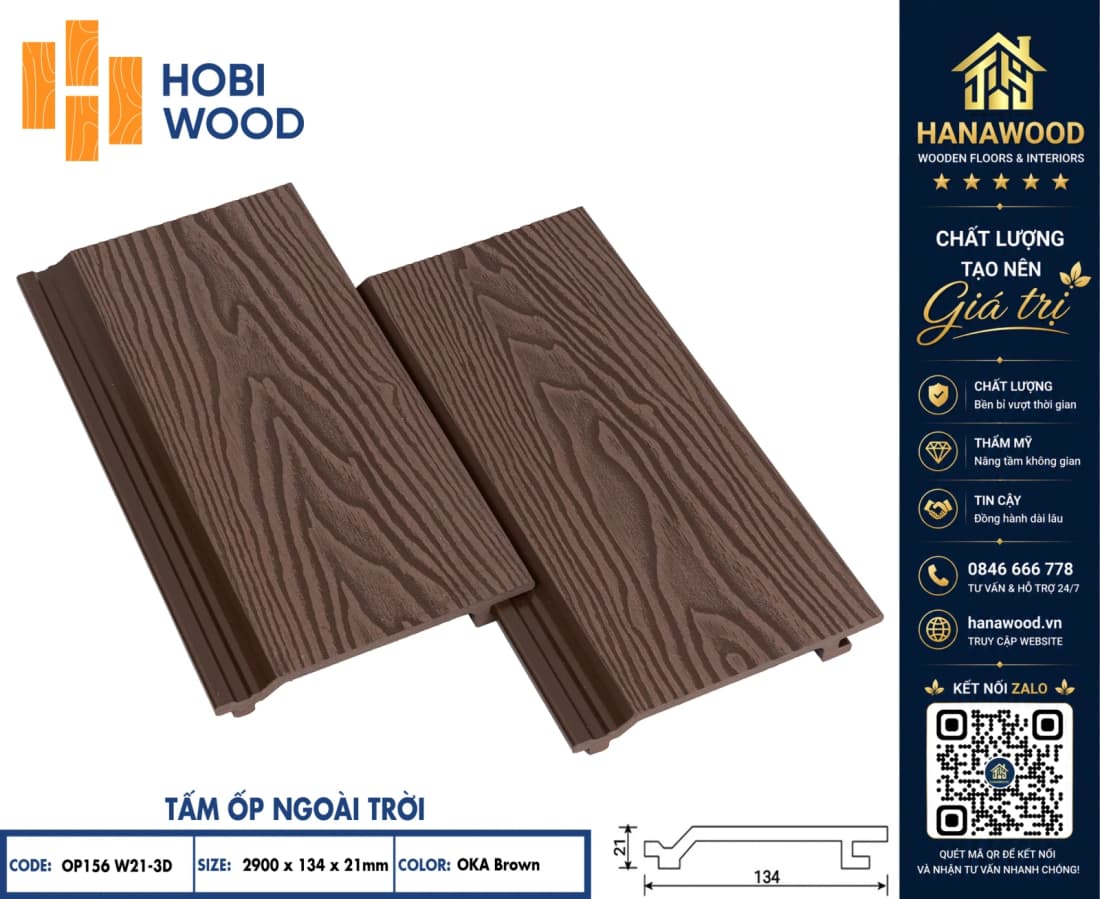 Tấm Ốp Gỗ Nhựa Ngoài Trời Hobi Wood OP156W21 Oka Brown màu nâu mộc mạc độ bền lâu dài