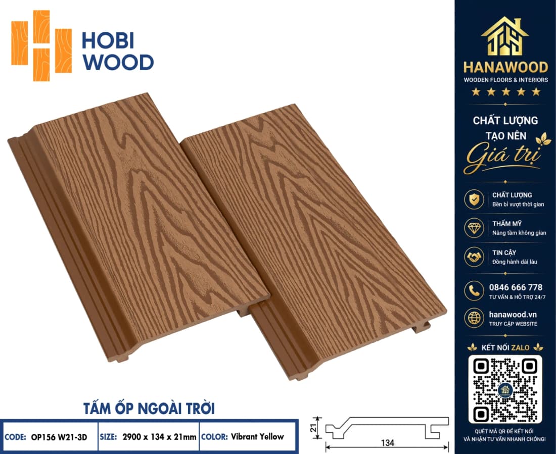 Tấm Ốp Gỗ Nhựa Ngoài Trời Hobi Wood OP156W21 Vibrant Yellow chống tia UV giữ màu siêu bền