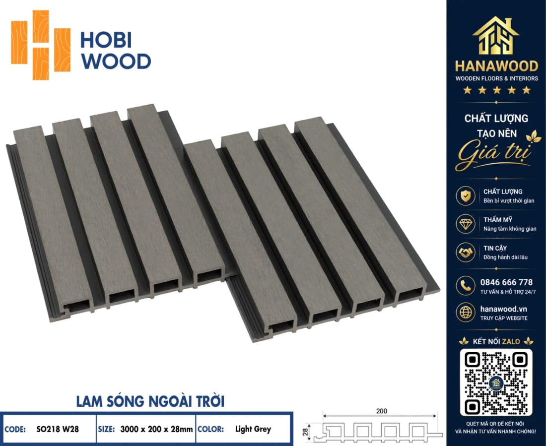 Tấm Ốp Lam Sóng Ngoài Trời Hobiwood SO218W28 Light Grey thiết kế khe rãnh mảng tường thẩm mỹ