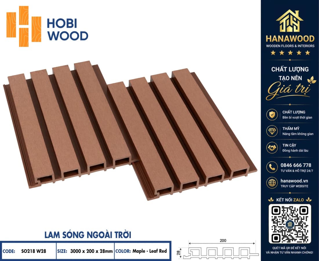 Lam Sóng Gỗ Nhựa Ngoài Trời Hobiwood SO218W28 Maple-Leaf Red tone màu ấm áp chịu nhiệt độ cao