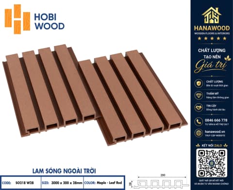 Lam Sóng Gỗ Nhựa Ngoài Trời Hobiwood SO218W28 Maple-Leaf Red tone màu ấm áp chịu nhiệt độ cao