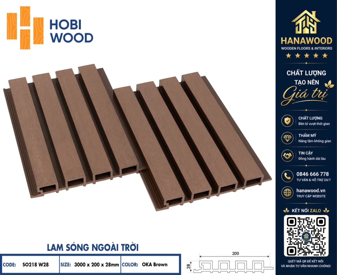 Tấm Ốp Lam Sóng Ngoài Trời Hobiwood SO218W28 Oka Brown chống bám bẩn dễ dàng vệ sinh lau chùi