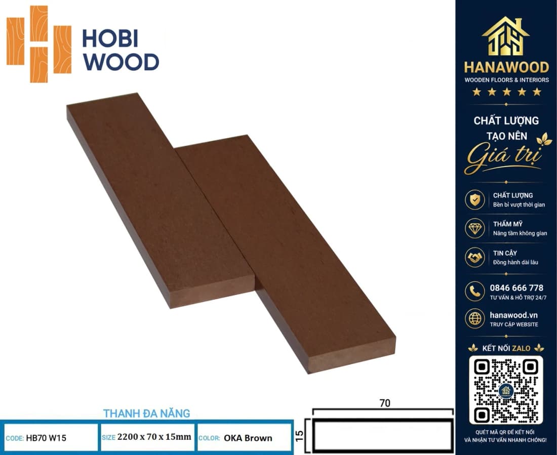 Thanh Lam Gỗ Nhựa Ngoài Trời Hobiwood HB70W15 OKA Brown vân gỗ mộc mạc chống cong vênh chịu nắng