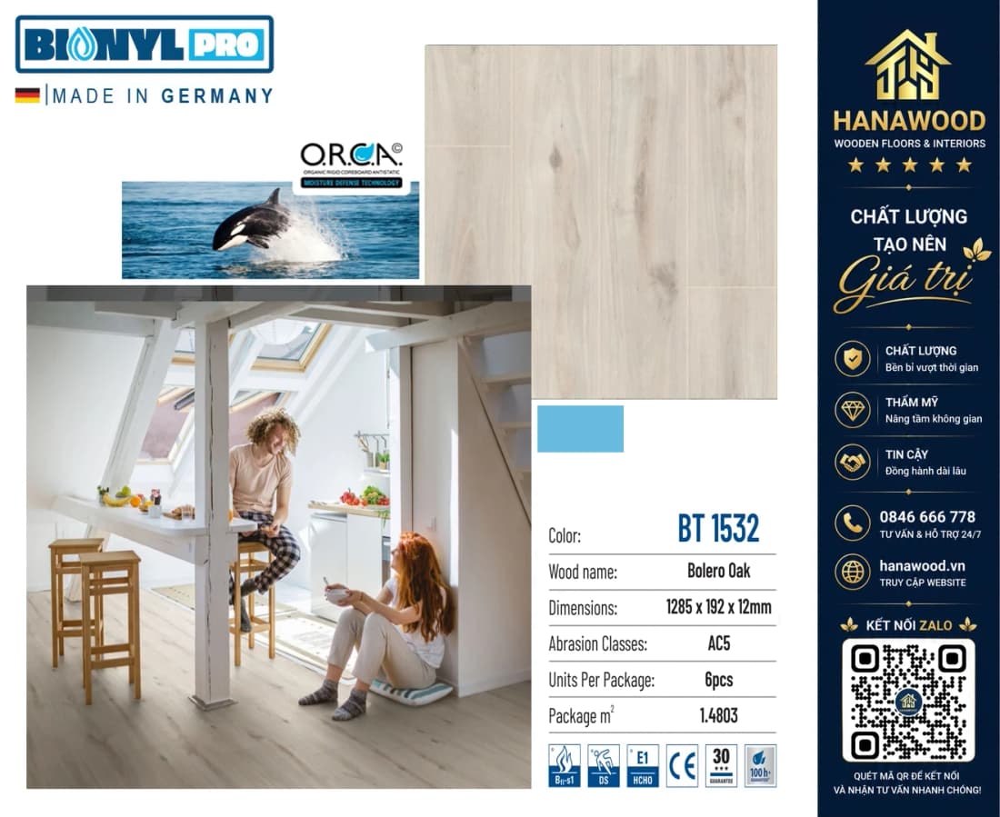 Sàn Gỗ Công Nghiệp Binyl BT1532 Cốt Đen Dày 12mm màu vàng tự nhiên bề mặt chống trầy xước AC5