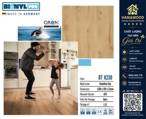 Sàn Gỗ Công Nghiệp Binyl BT K230 Cốt Đen Dày 12mm tone màu mộc tự nhiên chống trơn trượt