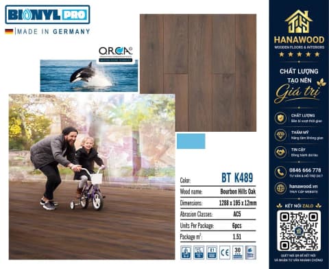 Sàn Gỗ Công Nghiệp Binyl BT K489 Cốt Đen Dày 12mm tone vàng ấm cúng chống bám bẩn dễ lau chùi