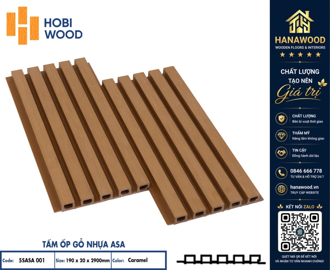 Lam 5 Sóng Ngoài Trời Phủ ASA Hobiwood 5SASA 001 Caramel phôi composite chịu nhiệt chống phai màu